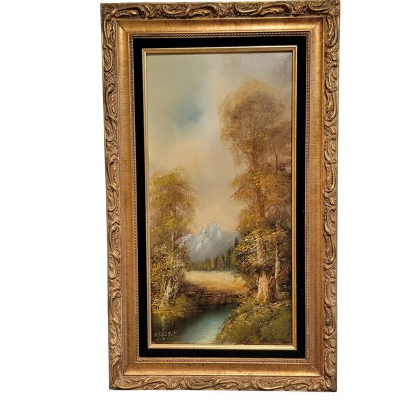 Breathtaking Vintage Mountain Oil Painting in Ornate Gold Frame – Signed Art - Picture 1 of 9
